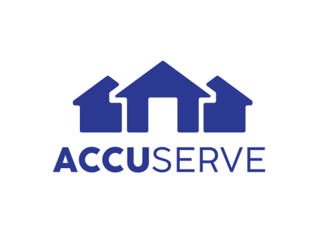 Blue logo with three house icons (a central larger roof and two smaller side houses) above the text ACCUSERVE in blue.